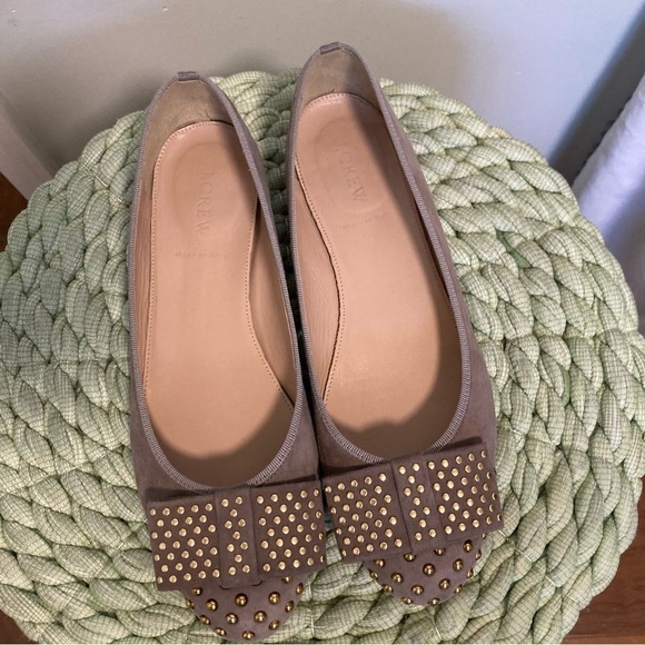 J. Crew Kiki Gold Studded Bow Warm Fig Gray Suede Ballet Flats - Picture 3 of 8